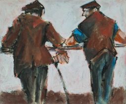 ‡ MIKE JONES (Welsh 1941-2022) oil on card - entitled verso, 'Two Farmers', signed, 25 x 30cms