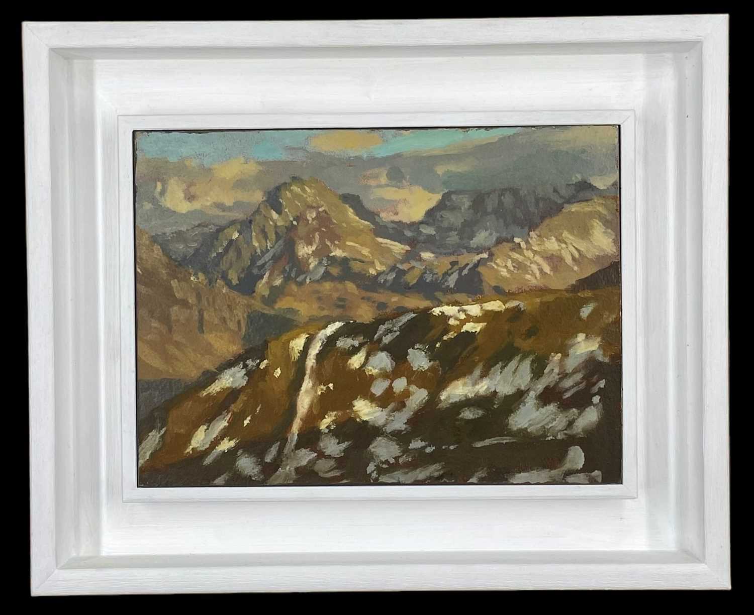 ‡ DAVID WOODFORD (b.1938) oil on board - entitled verso, 'Tryfan and the Glyders', 14.5 x 19cms - Image 2 of 2