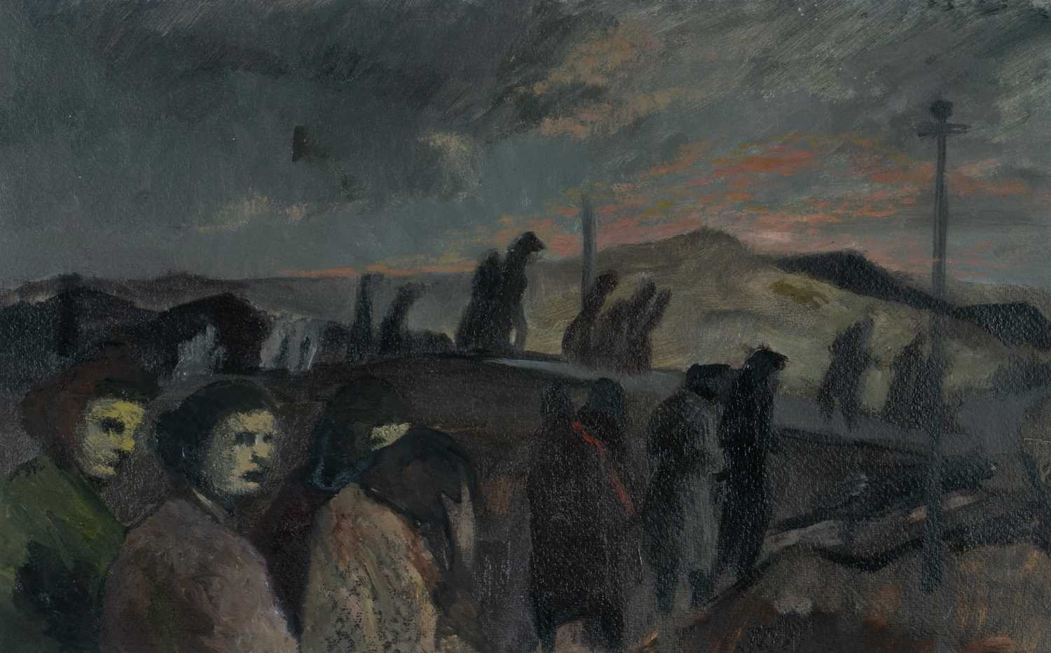 ‡ JOHN ELWYN (Welsh 1916-1997) oil on paper - figures in a dark landscape, signed with initials,