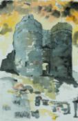 TOM JONES (Welsh 1936-2017) mixed media - entitled verso, 'Criccieth Castle', signed with