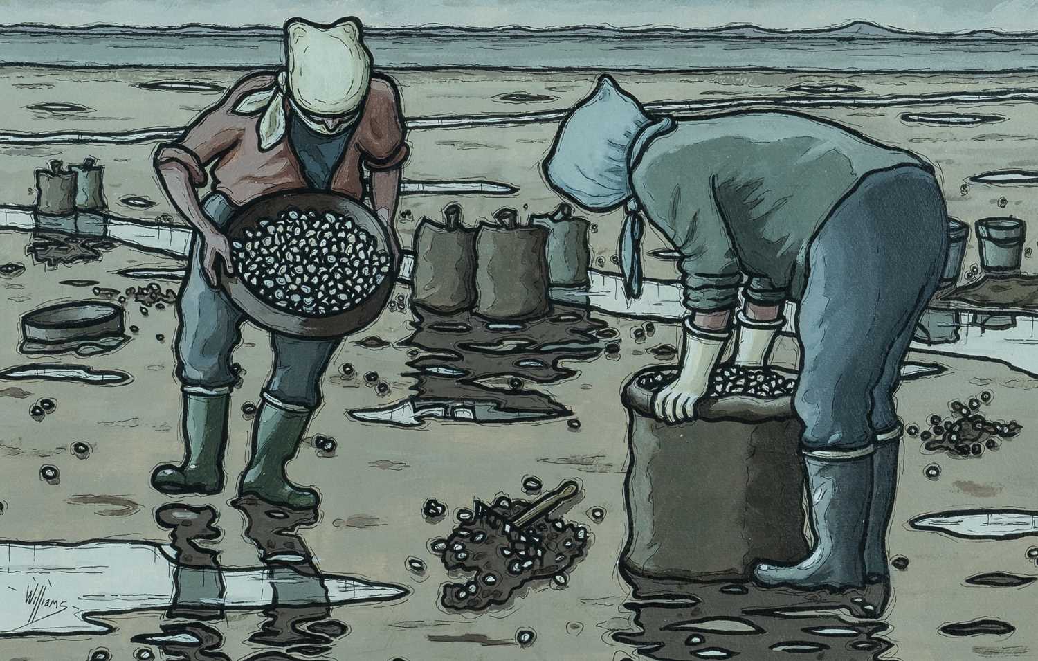 ALAN WILLIAMS (Welsh Contemporary) acrylic - entitled verso, 'Cockle Pickers', signed, 33 x 51cms