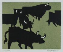 ‡ SIR KYFFIN WILLIAMS RA limited edition (95/150) linocut - Welsh Black Cattle, signed and number in