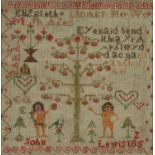 WELSH & ENGLISH LANGUAGE WOOLWORK SAMPLER showing Adam and Eve flanking the apple tree, above '