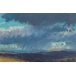 ‡ DAVID WOODFORD (b.1938) oil on card - landscape with rain clouds, signed, 12 x 18cms Provenance: