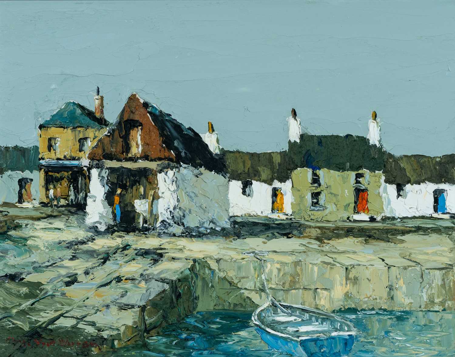 ‡ CHARLES WYATT WARREN (Welsh 1908-1993) oil on board - entitled verso, 'Harbour Cottages',
