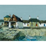 ‡ CHARLES WYATT WARREN (Welsh 1908-1993) oil on board - entitled verso, 'Harbour Cottages',