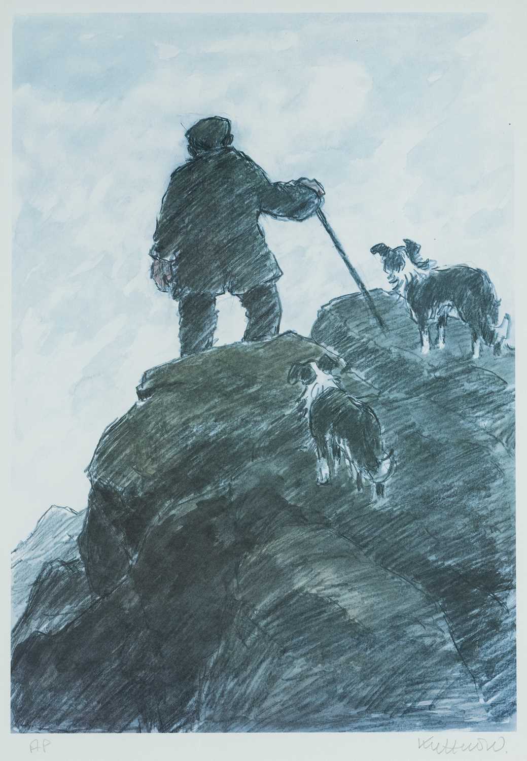 ‡ SIR KYFFIN WILLIAMS RA artist's proof print - shepherd on mountainside with two sheepdogs, fully