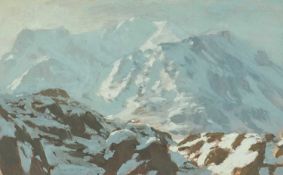 ‡ DAVID WOODFORD (b.1938) oil on card - Eryri (Snowdonia) winter landscape, signed, 16.5 x 27cms