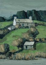 ‡ WILF ROBERTS (Welsh 1941-2016) oil on panel - entitled verso, 'Tan-y-Castell and Cowshed' on
