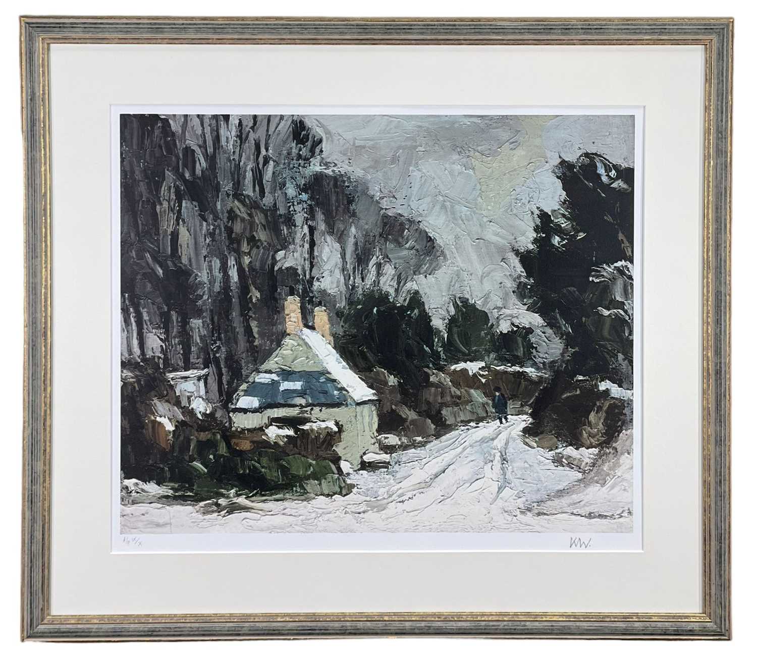 ‡ SIR KYFFIN WILLIAMS RA numbered artist's proof print - winter scene with cottage and figure, - Image 2 of 2