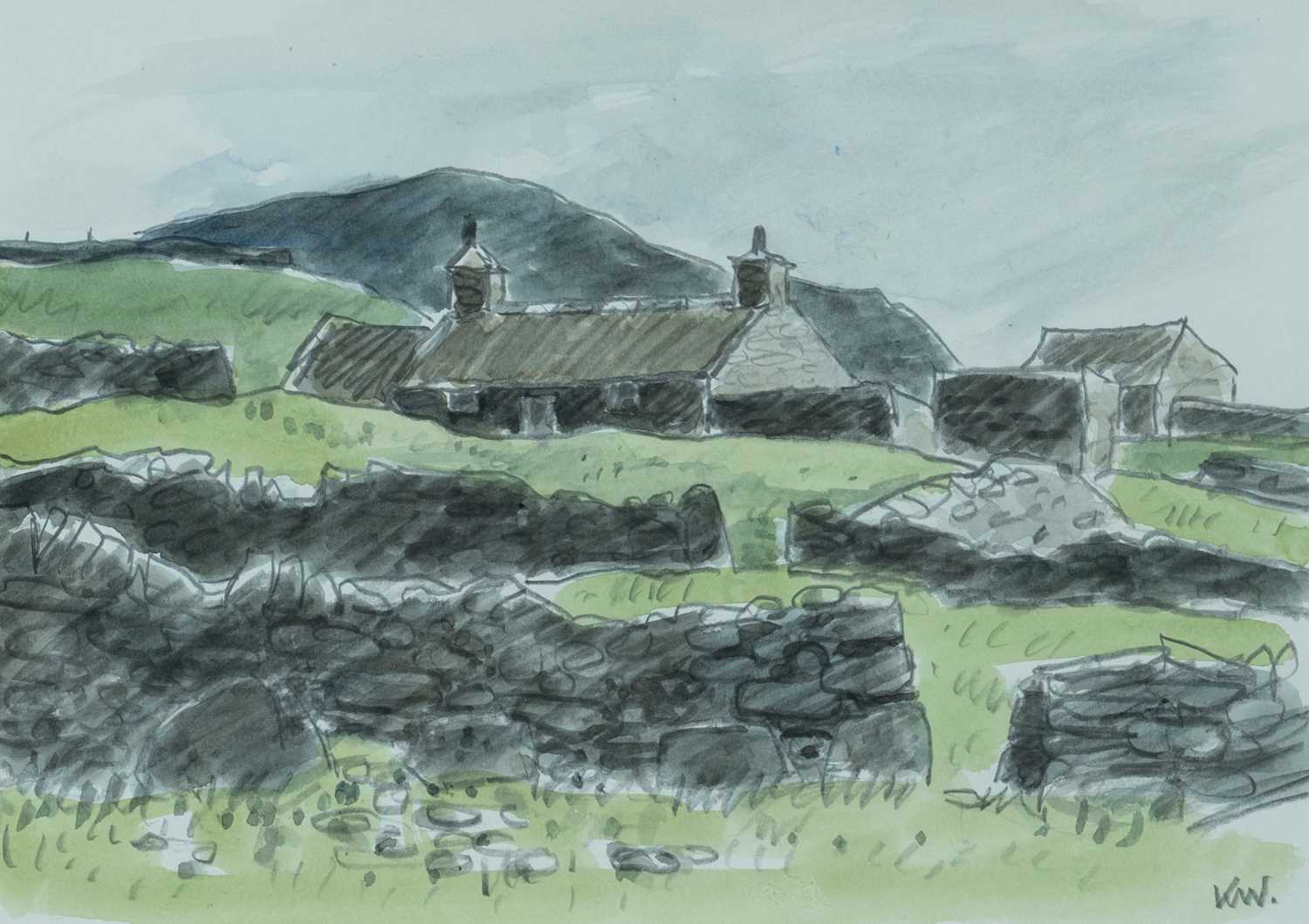 ‡ SIR KYFFIN WILLIAMS RA mixed media - landscape with upland dwelling and drystone walls, signed