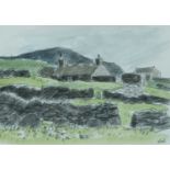 ‡ SIR KYFFIN WILLIAMS RA mixed media - landscape with upland dwelling and drystone walls, signed