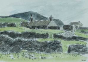 ‡ SIR KYFFIN WILLIAMS RA mixed media - landscape with upland dwelling and drystone walls, signed