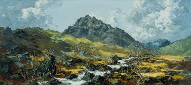 ‡ CHARLES WYATT WARREN (Welsh 1908-1993) oil on board - the peak of Tryfan with stream and trees,