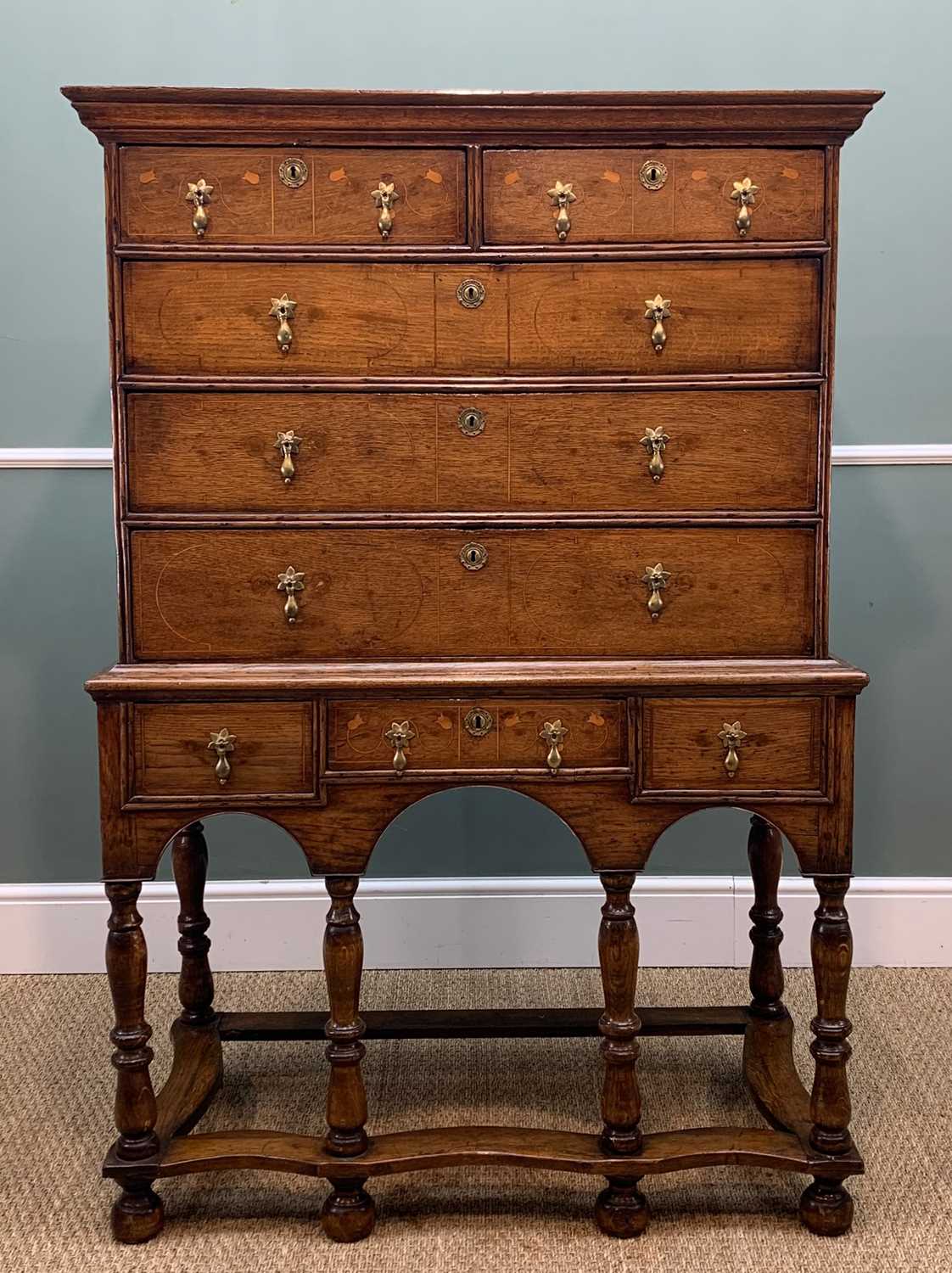 WELSH OAK INLAID CHEST ON STAND early 18th Century and later, Glamorgan, with double plank top - Image 2 of 7