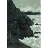 ‡ WILF ROBERTS (Welsh 1941-2016) oil - entitled verso, 'Creigiau, Ynys Lawd / Rocks, South Stack',