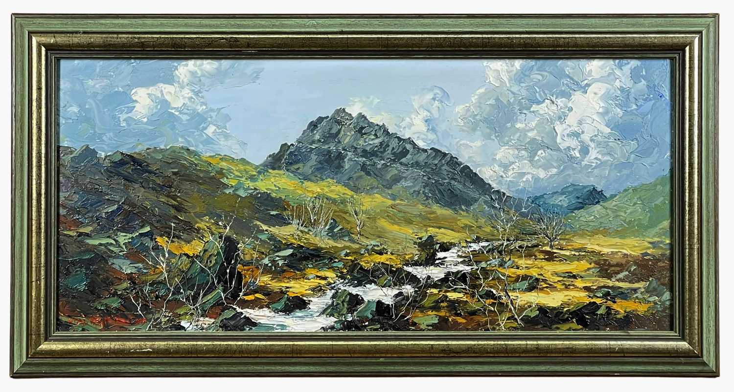 ‡ CHARLES WYATT WARREN (Welsh 1908-1993) oil on board - the peak of Tryfan with stream and trees, - Image 2 of 2