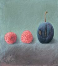 ‡ SIGRID MULLER (b.1962) mixed media - entitled verso, 'Raspberries and Plum' on Martin Tinney