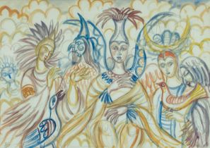 ‡ HELEN STEINTHAL (1911-1991) pencil and watercolour - entitled verso, 'Bird Worshippers', signed