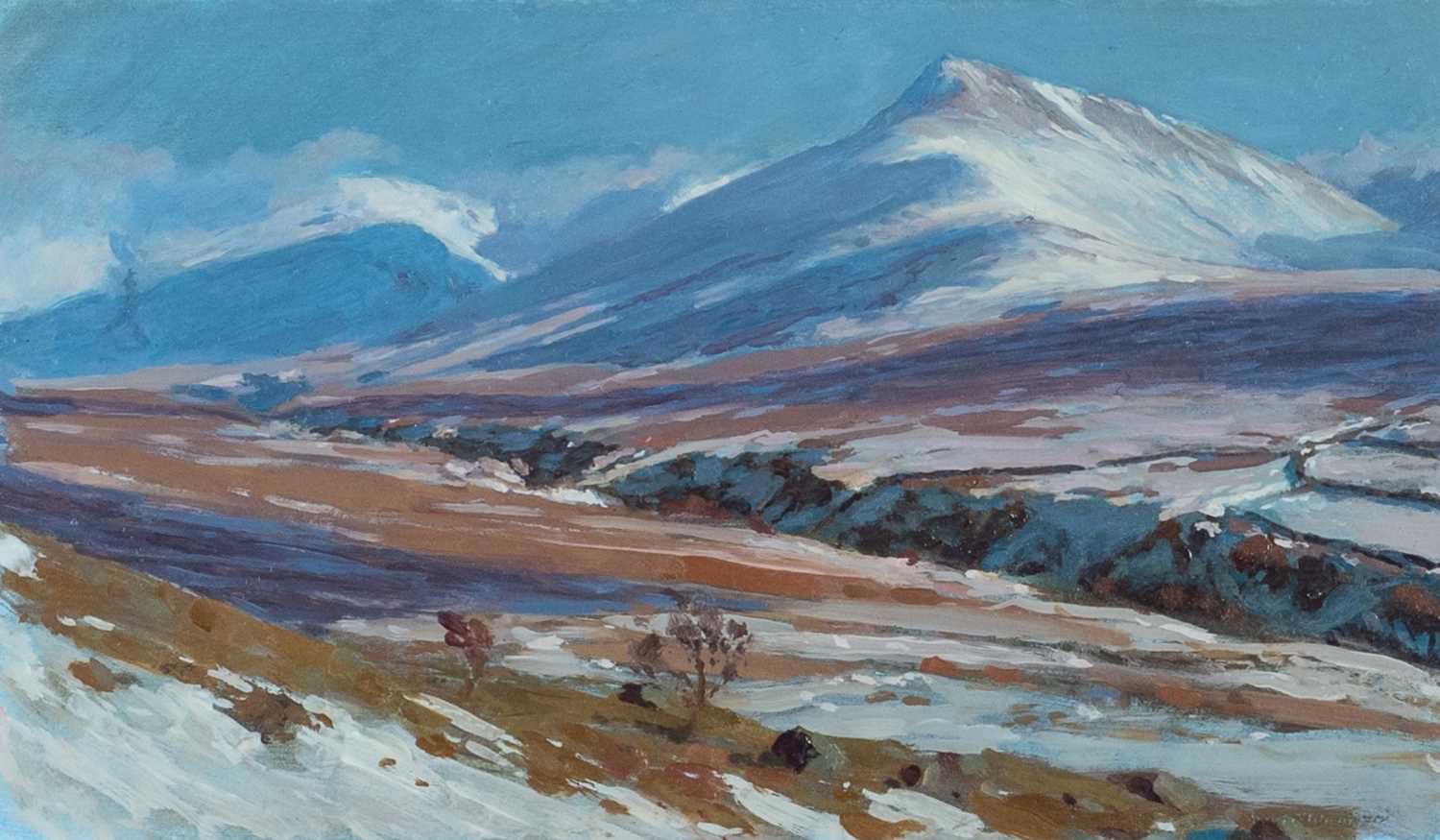 ‡ DAVID WOODFORD (b.1938) oil on card - entitled verso, 'Cwm Caseg in January' on Martin Tinney