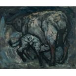 ‡ CHARLES WHITE (1928-1997) oil on board - entitled verso, 'Lambing in Welsh Mountains', signed