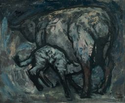 ‡ CHARLES WHITE (1928-1997) oil on board - entitled verso, 'Lambing in Welsh Mountains', signed