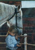 ‡ KEITH BOWEN (Welsh b. 1950) pastel on paper - child and white horse, 70 x 50cms Provenance: