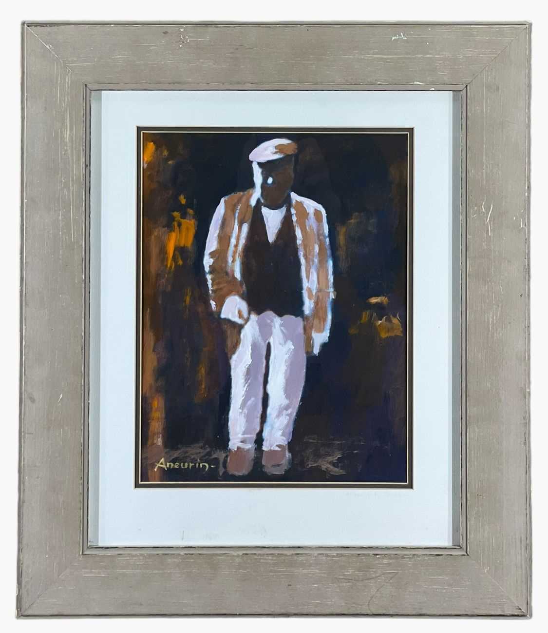 ‡ ANEURIN JONES (Welsh 1930-2017) oil on paper - standing farmer, with message verso, 'Dymuniadau - Image 2 of 3