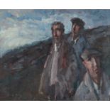 ‡ GARETH PARRY (Welsh b.1951) oil on canvas - entitled verso 'Tri Cymydog, Ar Foncyn / Three Friends