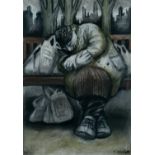 ‡ MURIEL DELAHAYE (Welsh, 1931 - 2021) charcoal and pastel - entitled verso, 'The Bag Lady', signed,