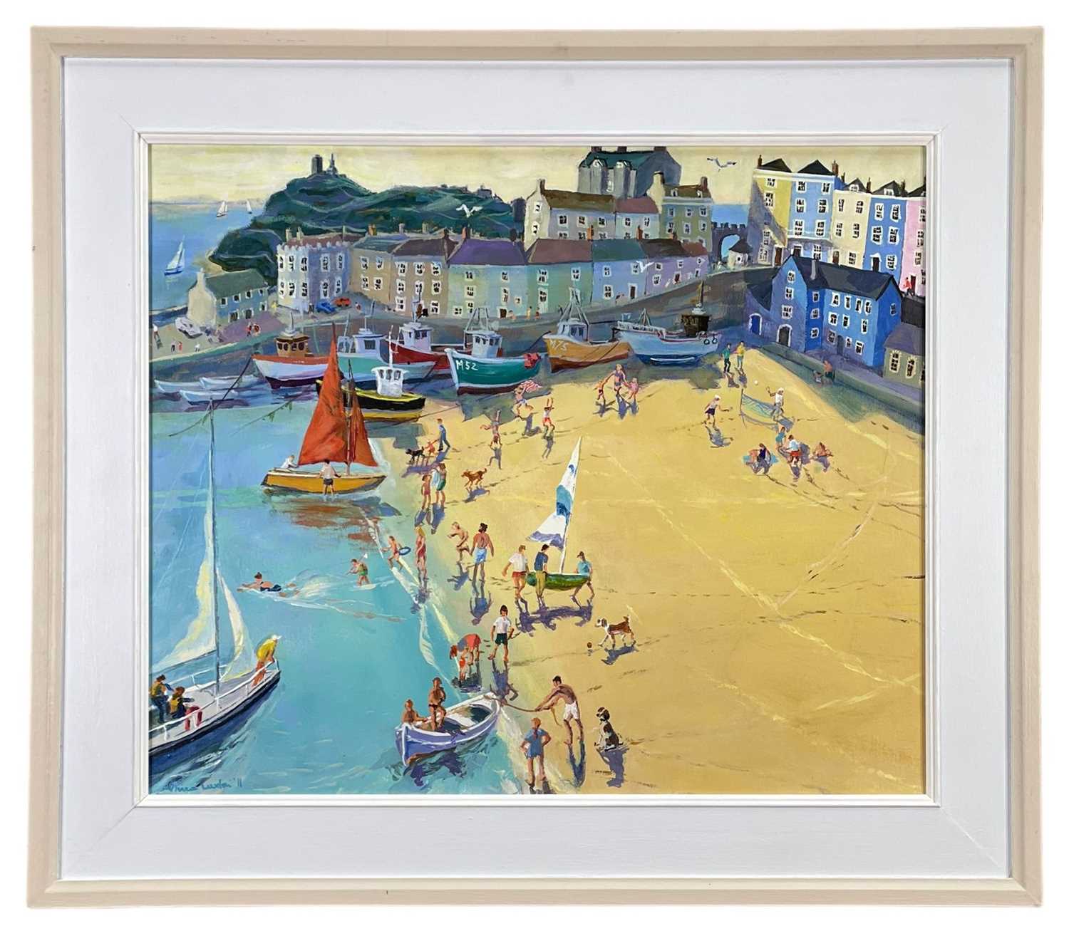 ‡ VIVIENNE LUXTON (b.1942) oil on board - entitled verso, 'Long Shadows, Tenby' on Albany Gallery - Image 2 of 2