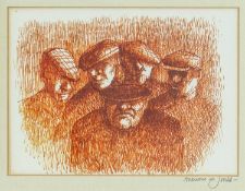 ‡ ANEURIN JONES (Welsh 1930-2017) monochrome print - farmers in flat caps, mount signed in pencil,