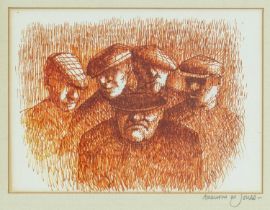 ‡ ANEURIN JONES (Welsh 1930-2017) monochrome print - farmers in flat caps, mount signed in pencil,