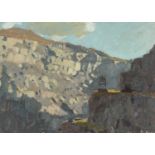 ‡ DAVID WOODFORD (b.1938) oil on card - entitled verso, 'Bethesda Quarry', signed, 18 x 25cms