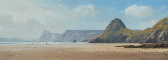 ‡ GARETH THOMAS (Welsh 1955-2019) watercolour - entitled verso, 'Winter Sun, Three Cliffs Bay' on