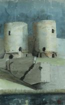 TOM JONES (Welsh 1936-2017) watercolour - entitled verso, 'Rhuddlan Castle', signed with monogram,