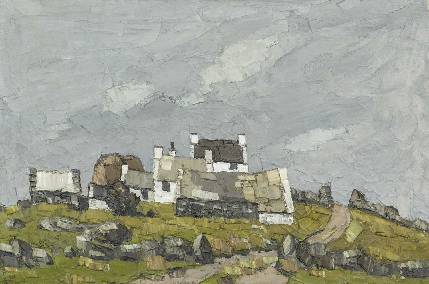 ‡ SIR KYFFIN WILLIAMS RA oil on canvas - Ynys Mon (Anglesey) whitewashed cottage and farm,