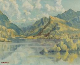 ‡ CHARLES WYATT WARREN (Welsh 1908-1993) oil on board - Yr Wyddfa (Snowdon), from Llyn Padarn,