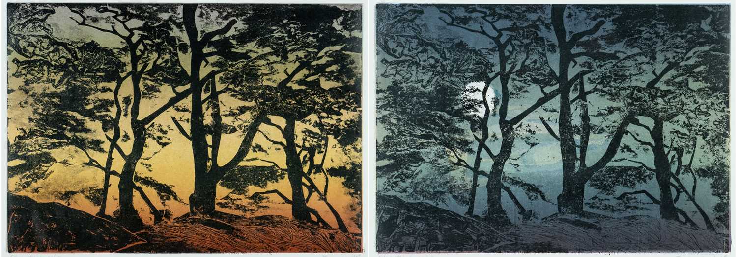 ‡ EIRIAN LLWYD (Welsh 1951-2014) colograff/monoprint - a pair, woodland scene at sunset together