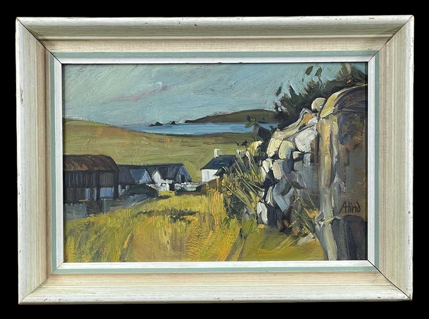 ‡ AUDREY HIND (b. 1936) oil on board - entitled verso, 'Farm, Trecastell', signed, 19 x 29cms - Image 2 of 2