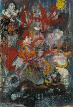 ‡ LESLIE MOORE (Welsh 1913-1976) mixed media - semi-abstract landscape with red flowers, signed