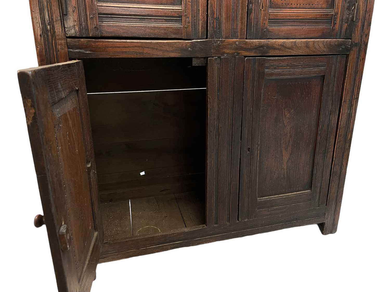 CHARLES II JOINED OAK FOOD CUPBOARD, late 17th Century, double plank top above panelled doors - Image 2 of 3