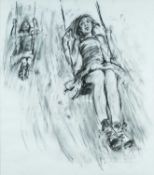 ‡ GLORIA (GLO) WILLIAMS (b.1940) charcoal on paper - two girls on swings, signed, 85 x 75cms