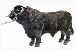 ‡ SIR KYFFIN WILLIAMS RA limited edition (65/75) print - standing Welsh Black bull, fully signed