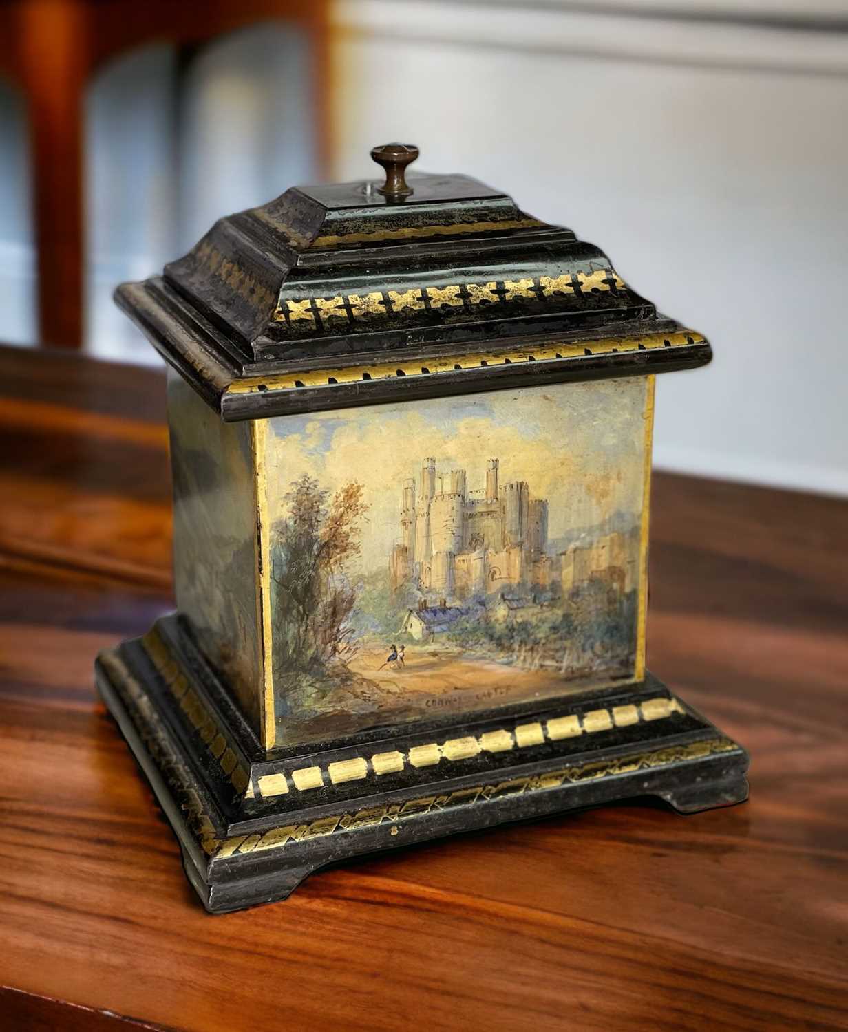 WELSH FOLK ART SLATE TEA CADDY circa 1850, with four hand-painted panels depicting north Wales - Image 4 of 6