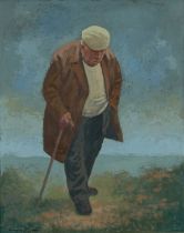 ‡ ANEURIN JONES (Welsh 1930-2017) oil on board - elderly farmer with stick, signed, 50 x 40cms