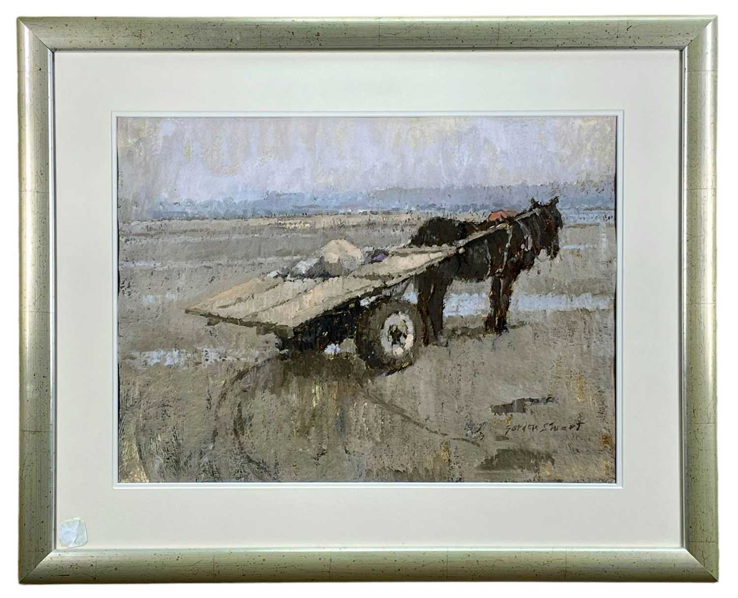 ‡ GORDON STUART (1924-2015) oil on paper - Penclawdd beach with cockle cart, signed, 48 x 66cms - Image 2 of 2