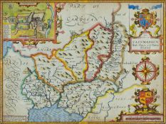 JOHN SPEED coloured 1610 copper engraved map - entitled in cartouche 'Caermarden, Both Shyre and