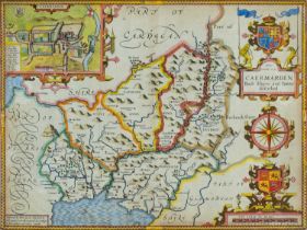 JOHN SPEED coloured 1610 copper engraved map - entitled in cartouche 'Caermarden, Both Shyre and