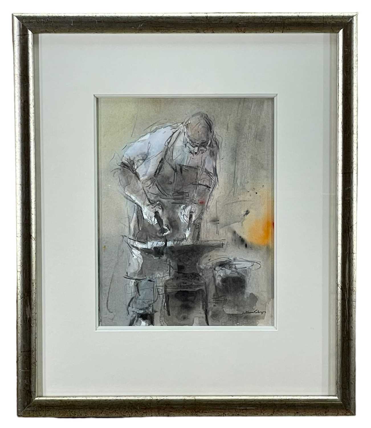 ‡ WILLIAM SELWYN (Welsh b. 1933) mixed media on paper - blacksmith in his workshop with burning - Image 2 of 2